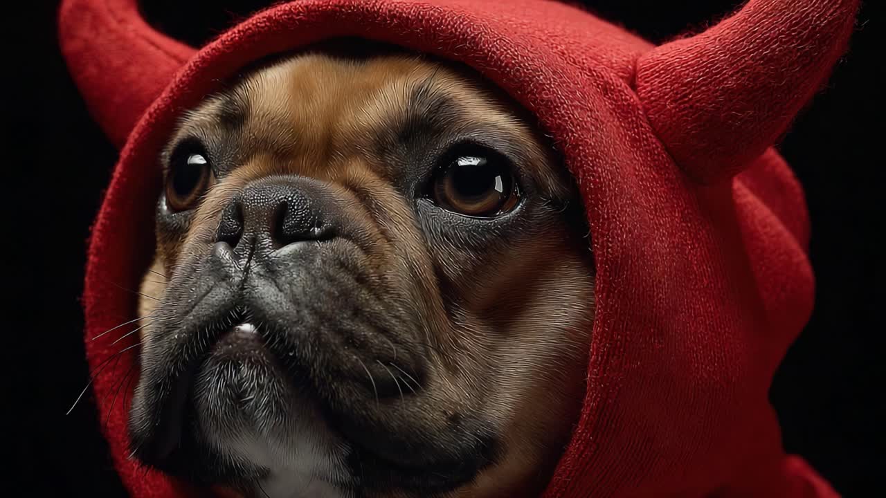 A Charming French Bulldog Dressed in a Playful Red Devil Costume, Exuding Personality and Character While Posing Against a Dark Background