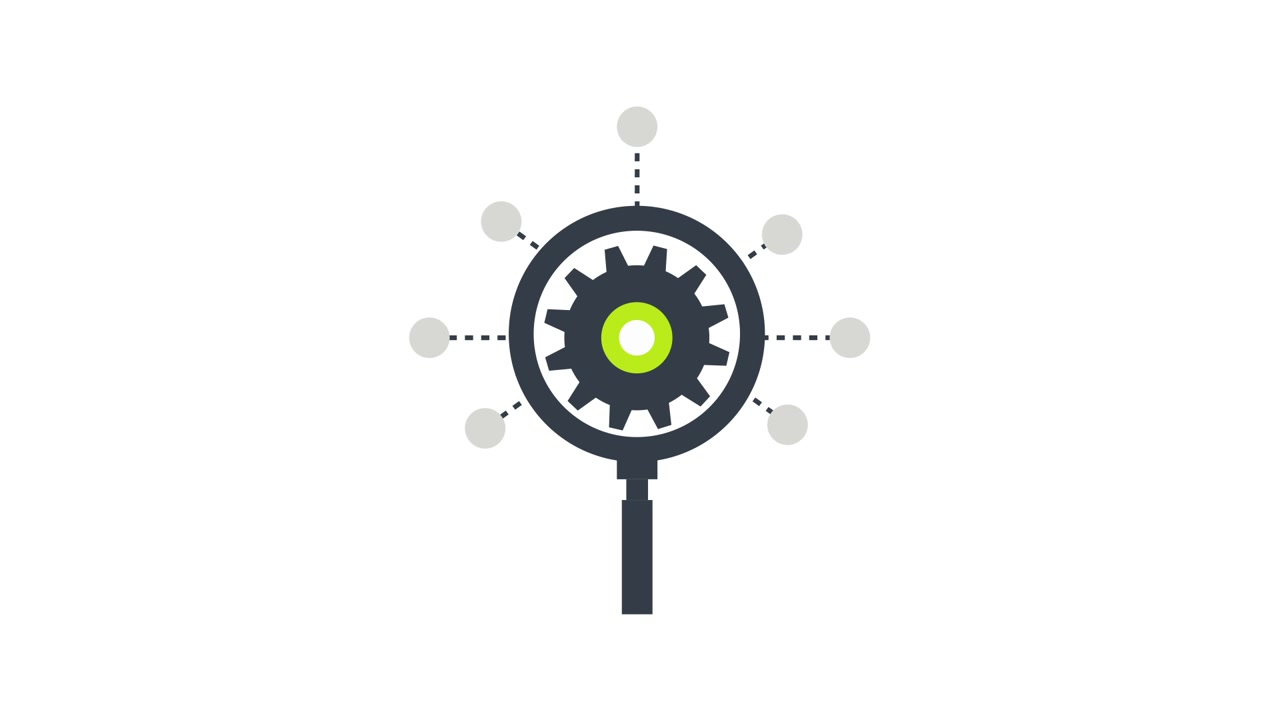 Animated Magnifying Glass with Gear and Connecting Dots