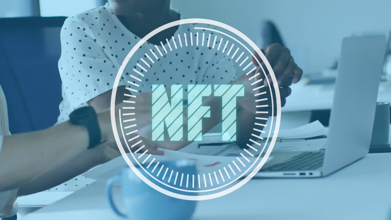 Female colleagues reviewing charts at business desk, with laptop, smartphone, floating MFT graphic