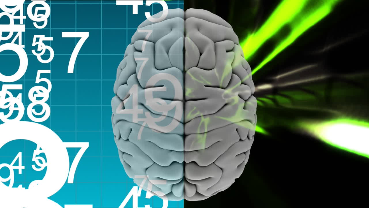 animación de la parte superior del cerebro contra un código binario y efectos de luz