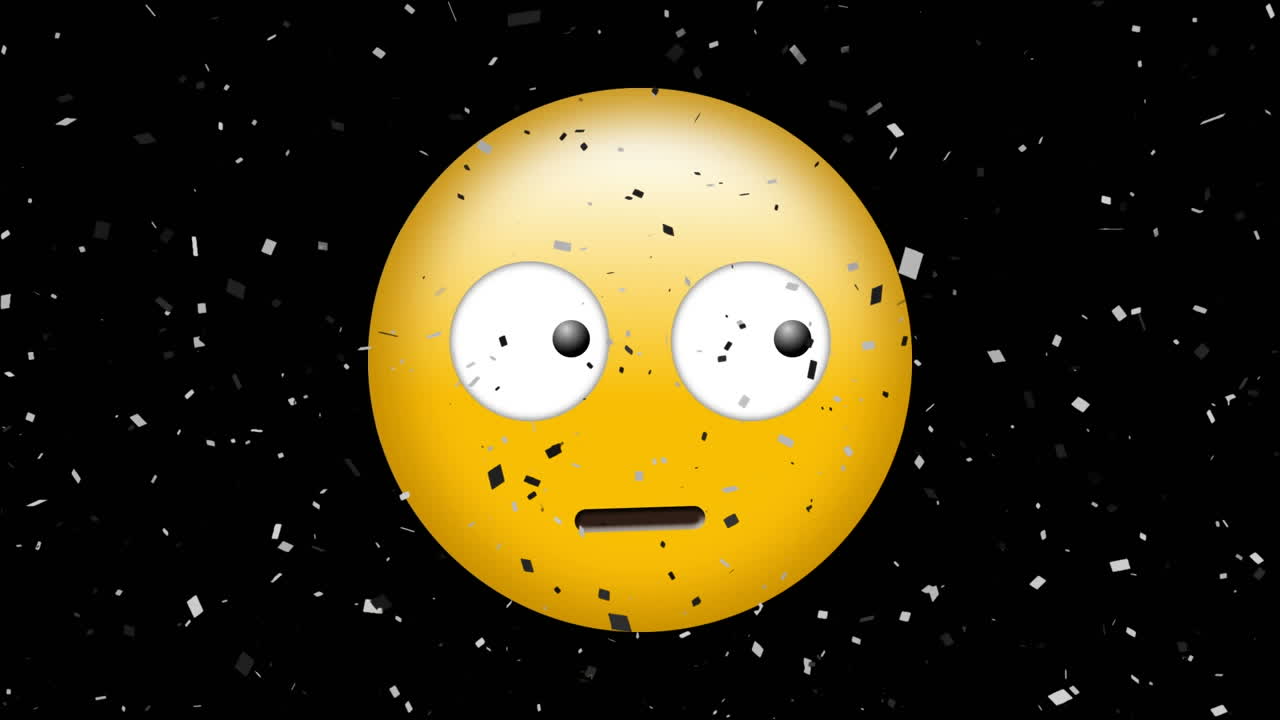 animación digital de confeti cayendo sobre emoji de cara confusa contra un fondo negro