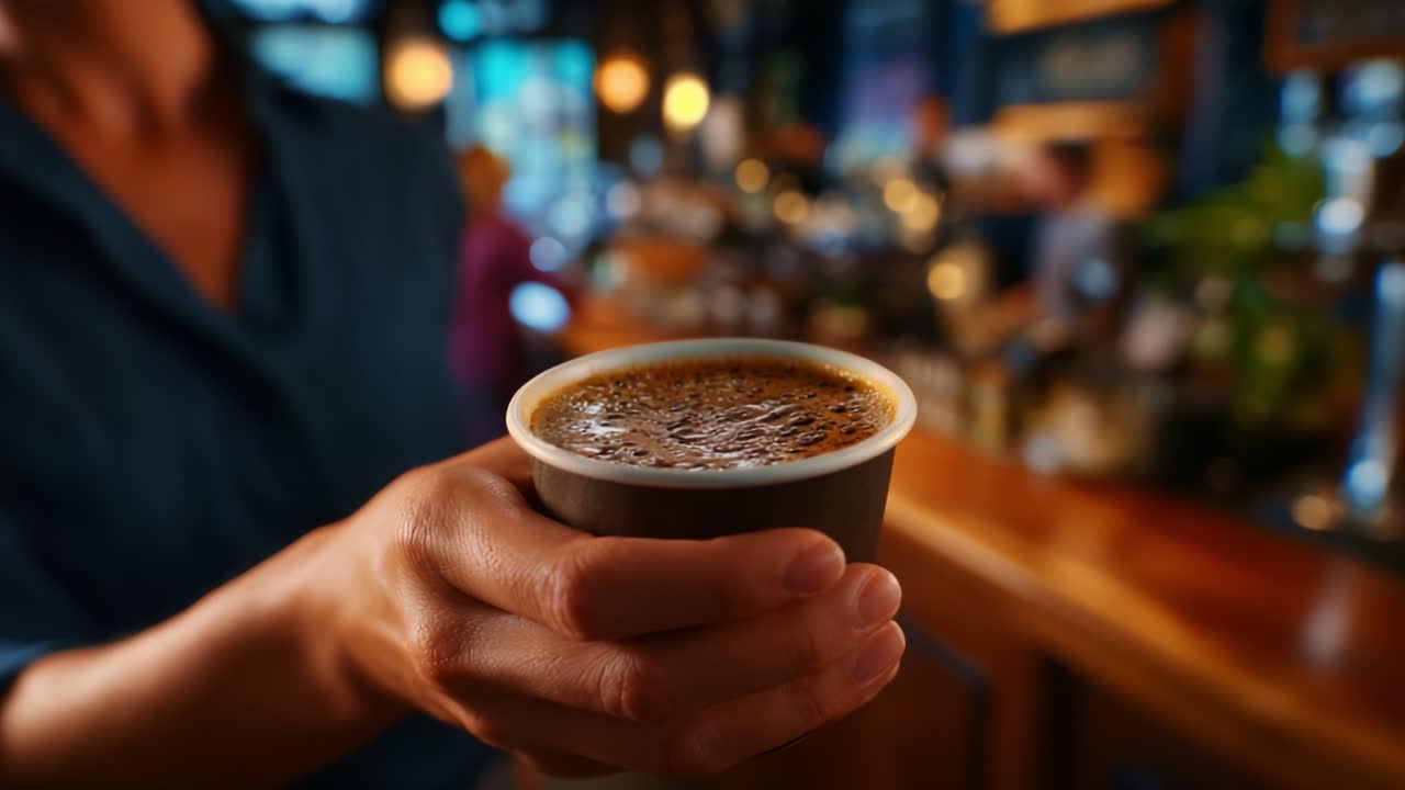 Primo piano di una mano che tiene una tazza di caffè calda in un'accogliente caffetteria, con una leggera sfocatura sullo sfondo e un'atmosfera invitante
