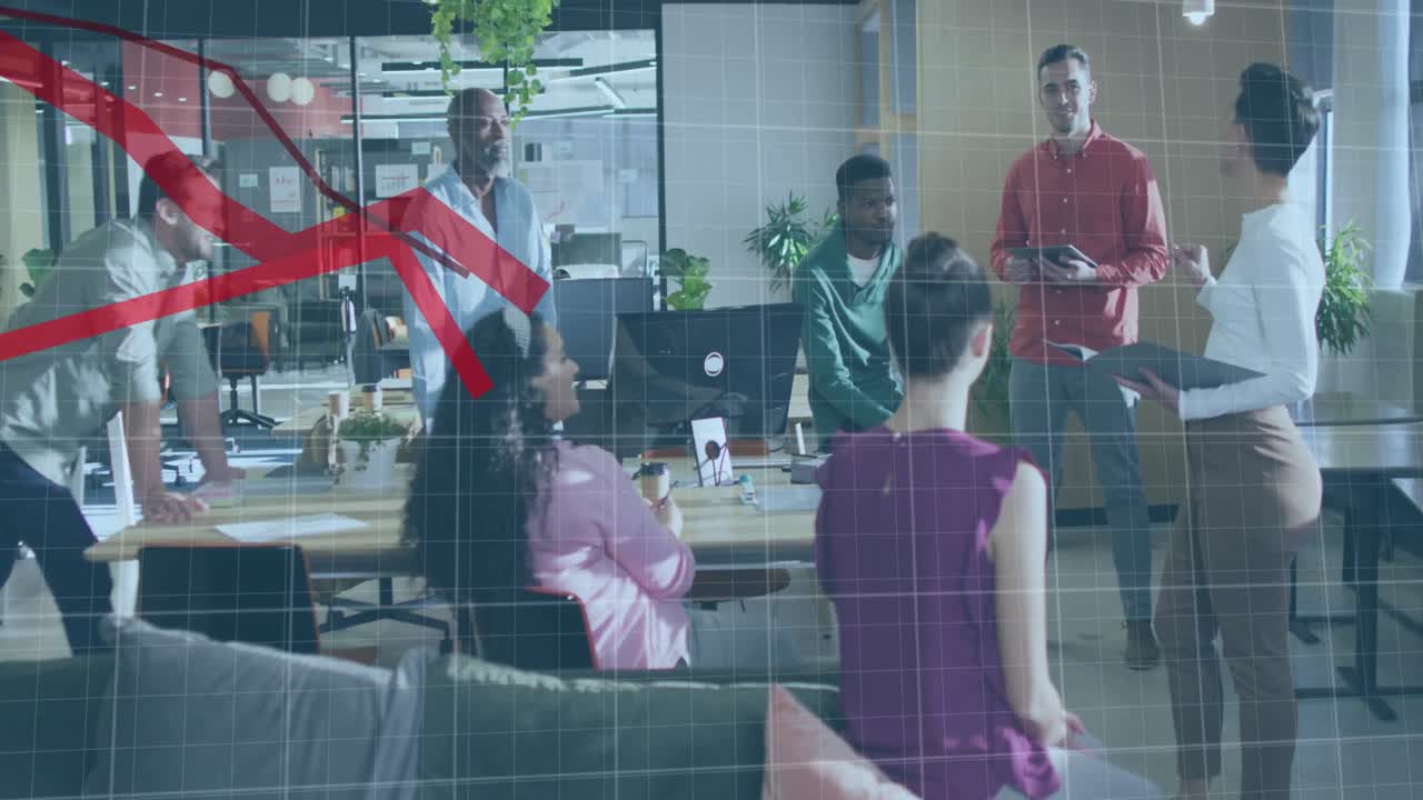 Animation of data processing over diverse business people working at office