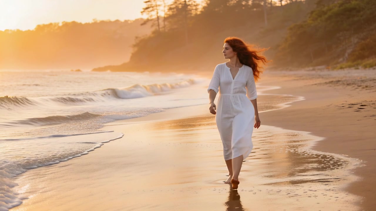 Donna solitaria in abito bianco cammina a piedi nudi lungo la riva al tramonto, lasciando impronte e osservando il mare.