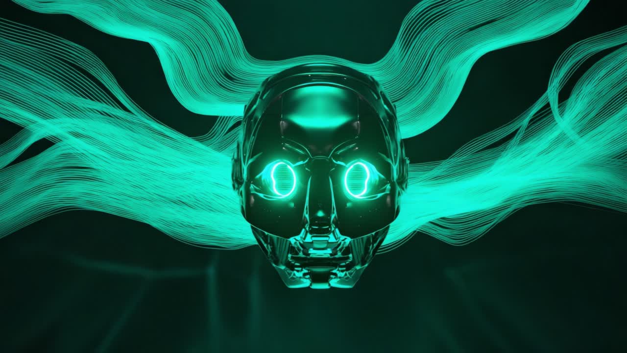 Robotic head with glowing cyan eyes moving forward through a dark space with abstract wavy lines, representing concepts like artificial intelligence, machine learning, and futuristic technology