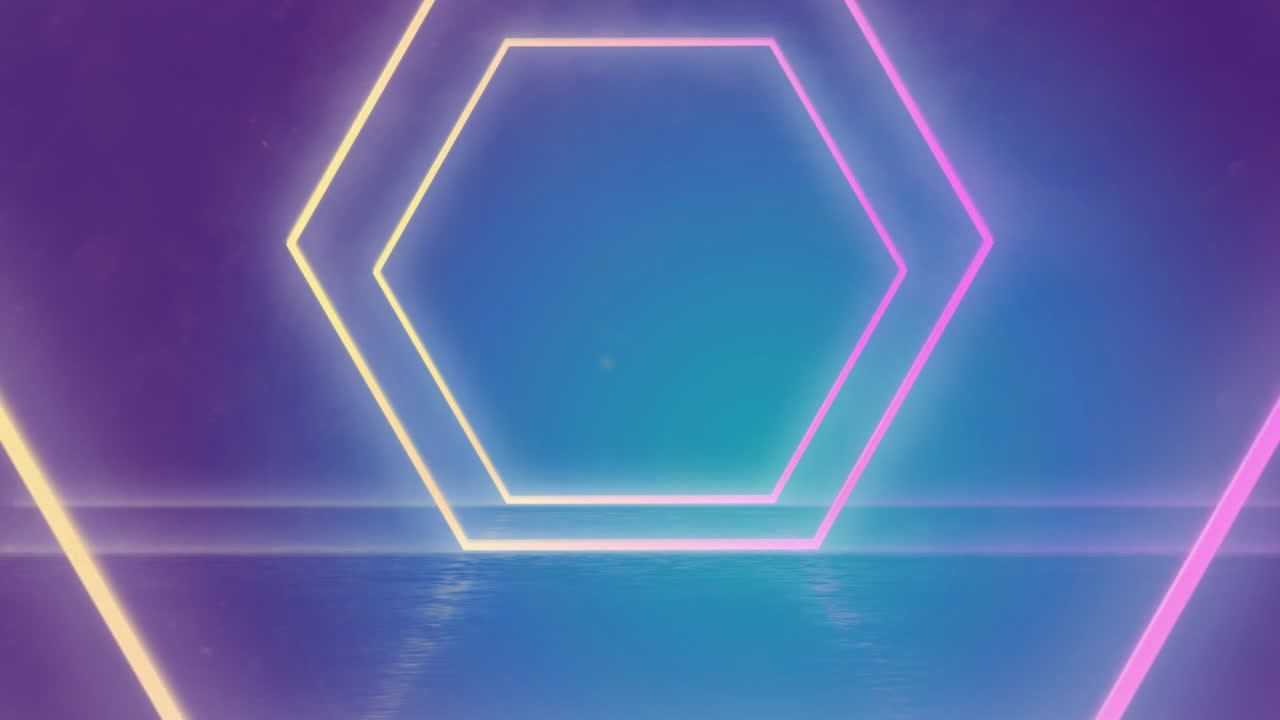 Animation of glowing hexagonal shapes in seamless pattern against purple gradient background