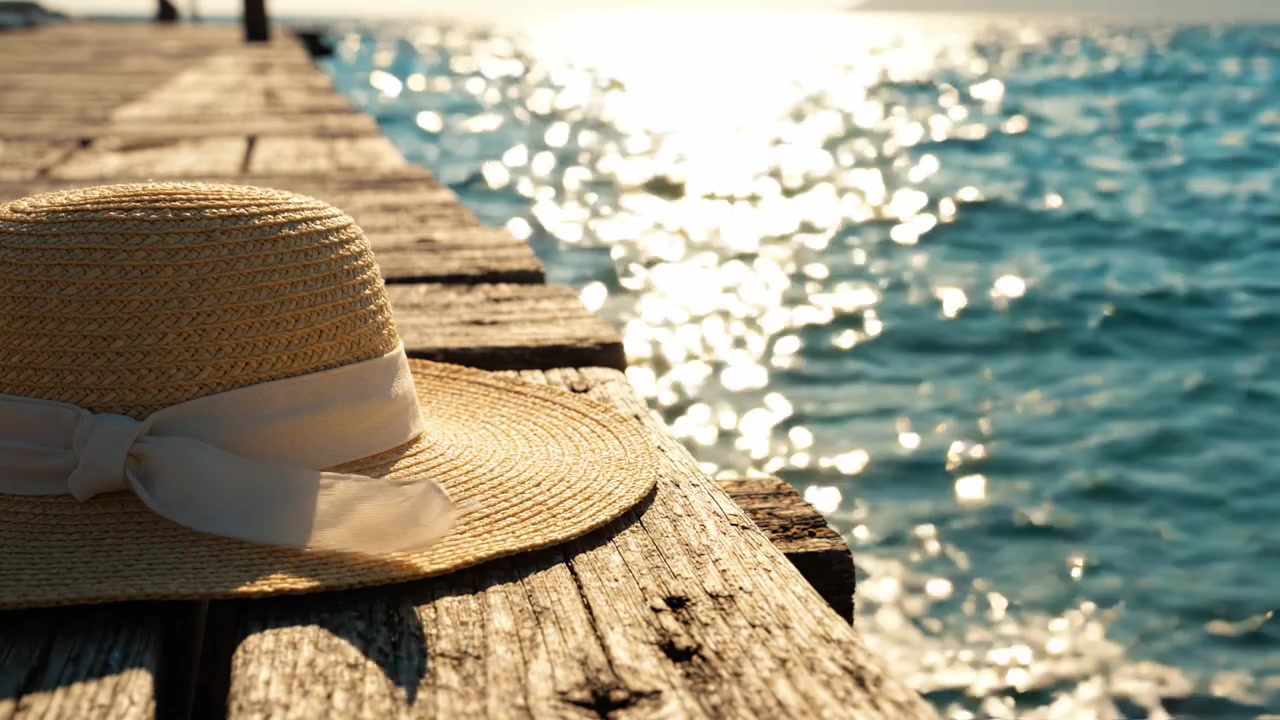 Un cappello di paglia illuminato dal sole poggia su un molo di legno consumato, catturando l'essenza di una giornata tranquilla vicino alle acque blu scintillanti sotto un cielo dolcemente soleggiato