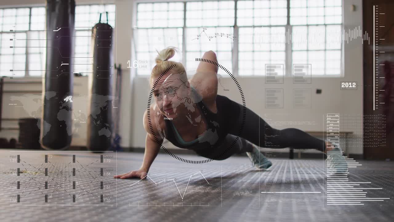 Woman starting high plank, rotating into side-plank, HUD gauge and charts tracking fitness metrics