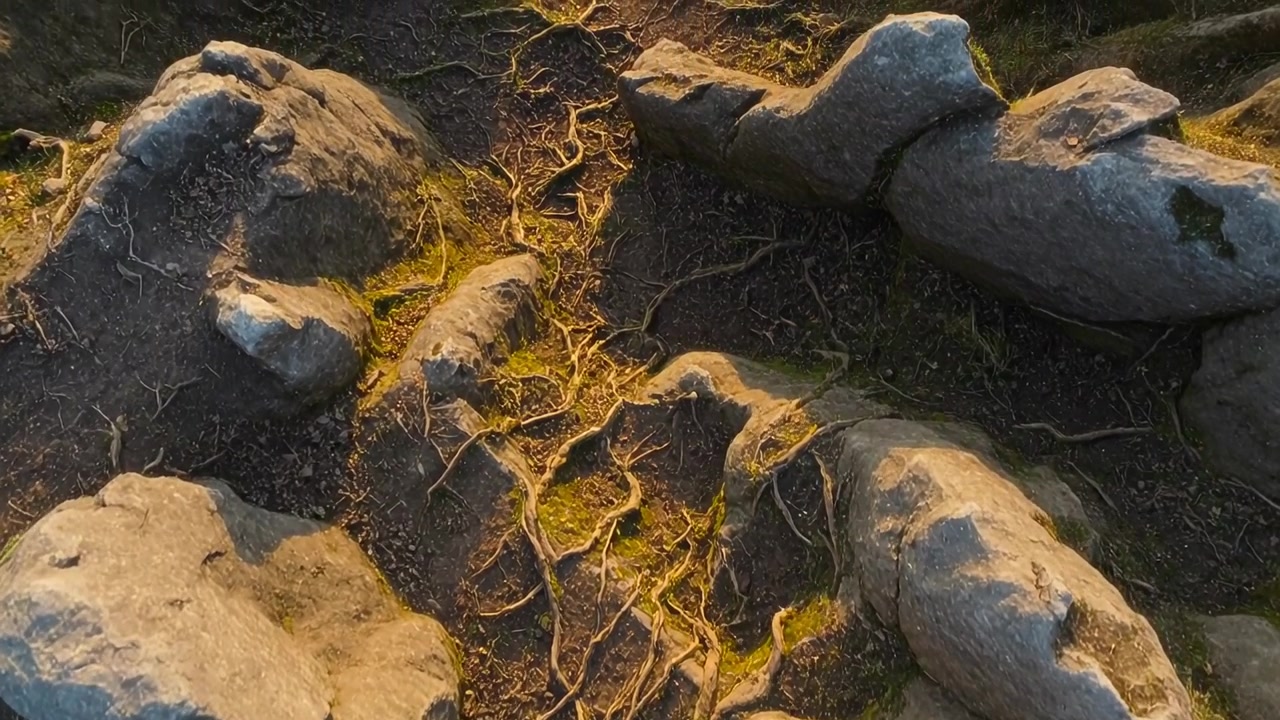 La telecamera si allontana rivelando radici di alberi intrecciate e rocce su un pendio per mostrare il contrasto del muschio illuminato dal sole.