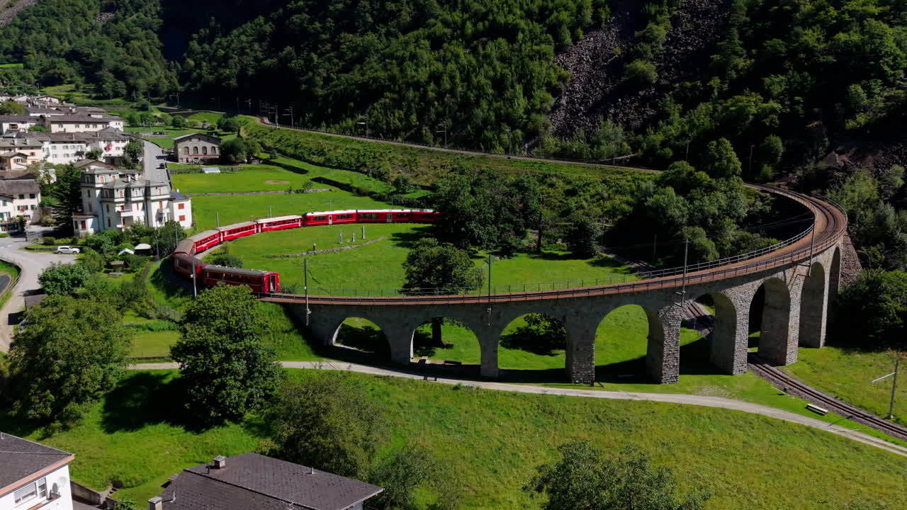 Scenic red train on Swiss viaduct, evokes travel and adventure