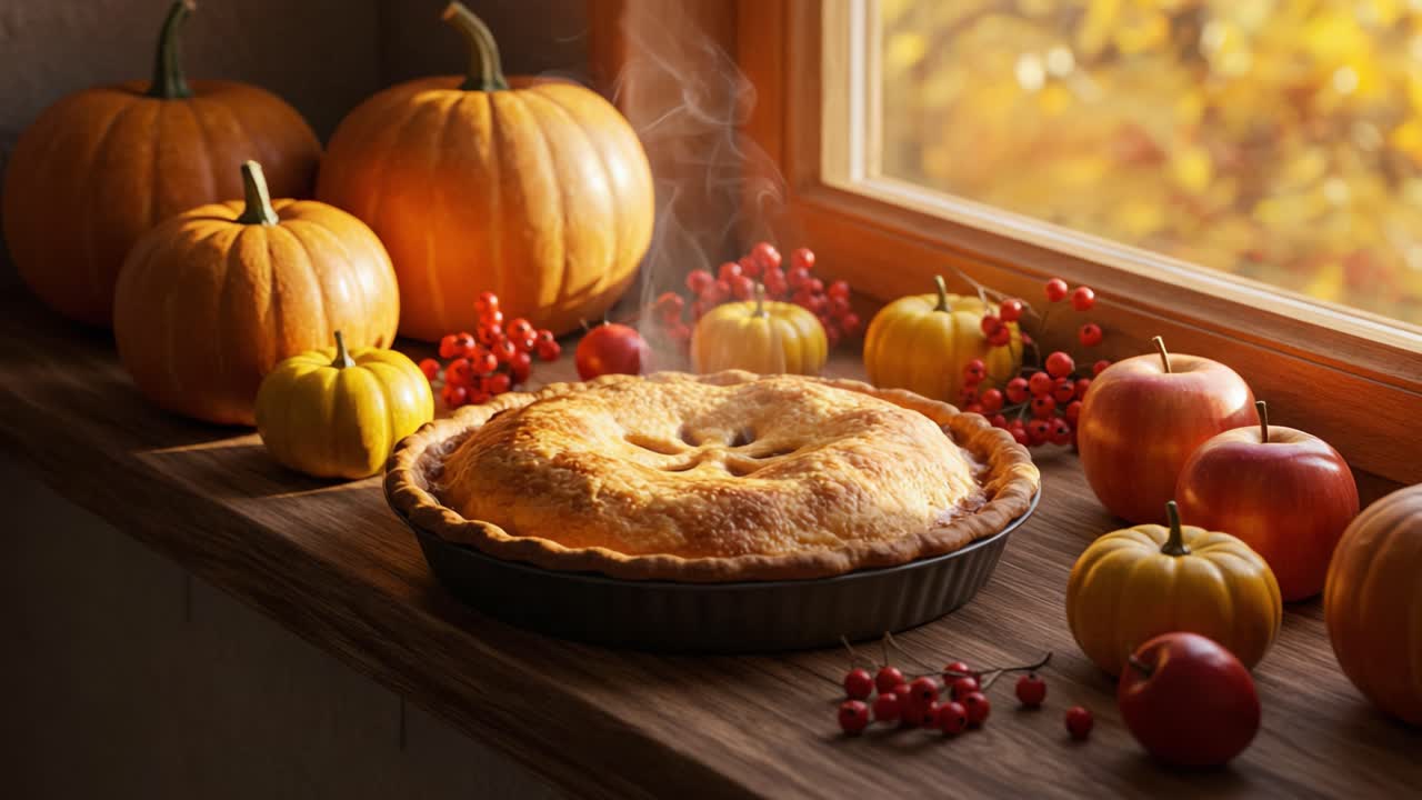 Warm and Inviting Autumn Scene Featuring a Freshly Baked Pie Surrounded by Colorful Pumpkins and Vibrant Autumn Leaves Just Outside the Window