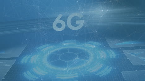 파란색 배경 위에 6g 텍스트를 가진 연결 네트워크의 애니메이션