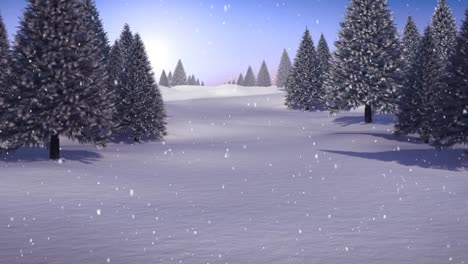 Animation-of-falling-snow-over-trees-on-blue-background