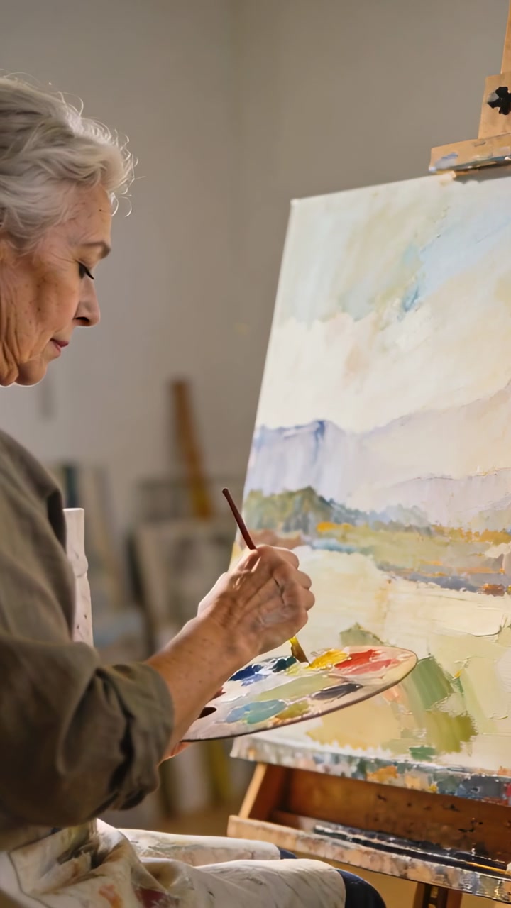 Vertical video: Holding palette, senior painter refining landscape at art studio, wearing apron