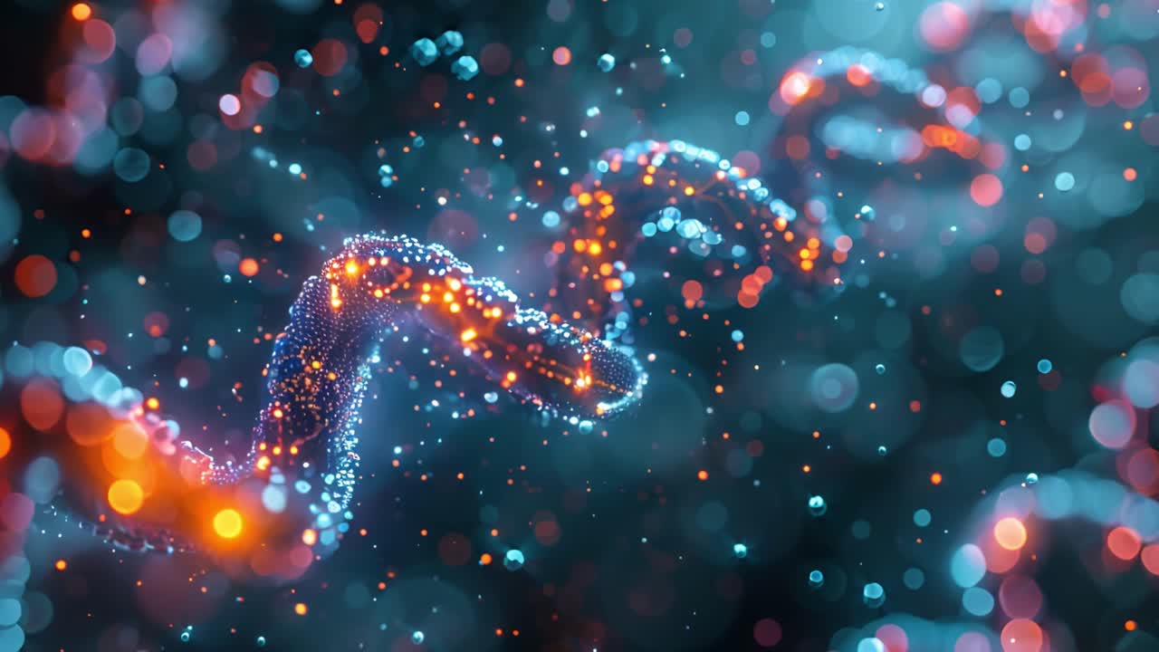 Abstract Glowing DNA Helix with Particles and Bokeh Lights