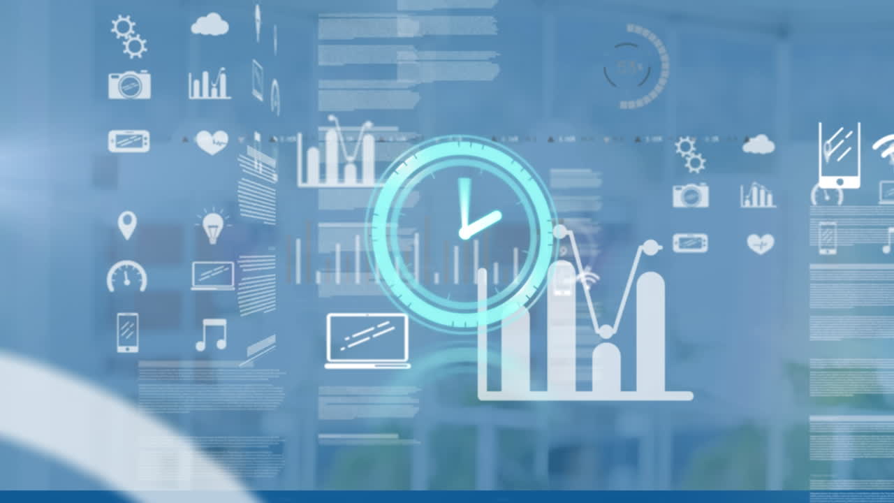 Animation of clock and data processing over empty office