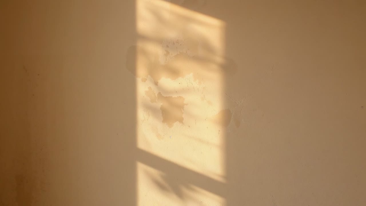 Casting rectangular sun patch on pale wall in room, window sun moving leaf shadows over stains