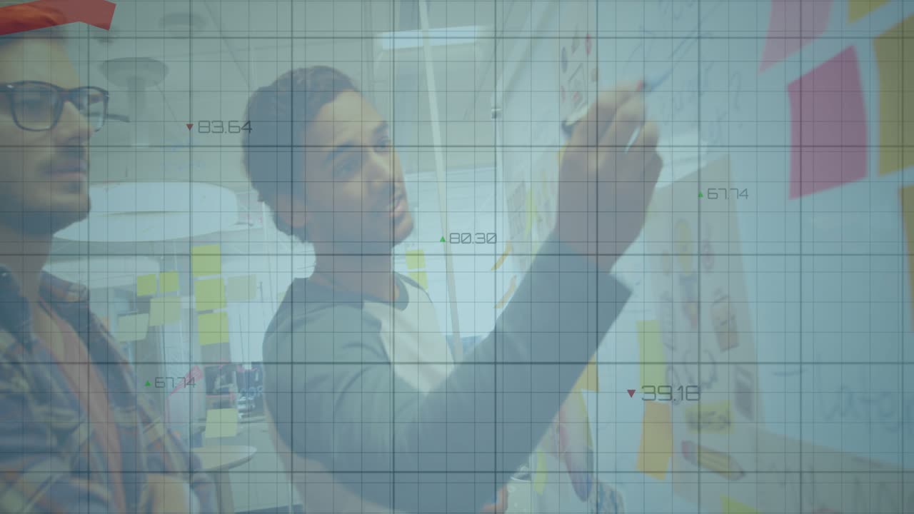 Coworkers pointing at note on whiteboard initiating business graph overlay and marking downtrend