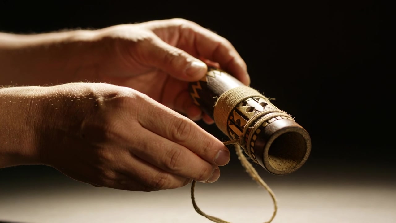 Prendendo un tubo di legno intagliato, mani adulte che ruotano e ispezionano lo spago sul tavolo dello studio.