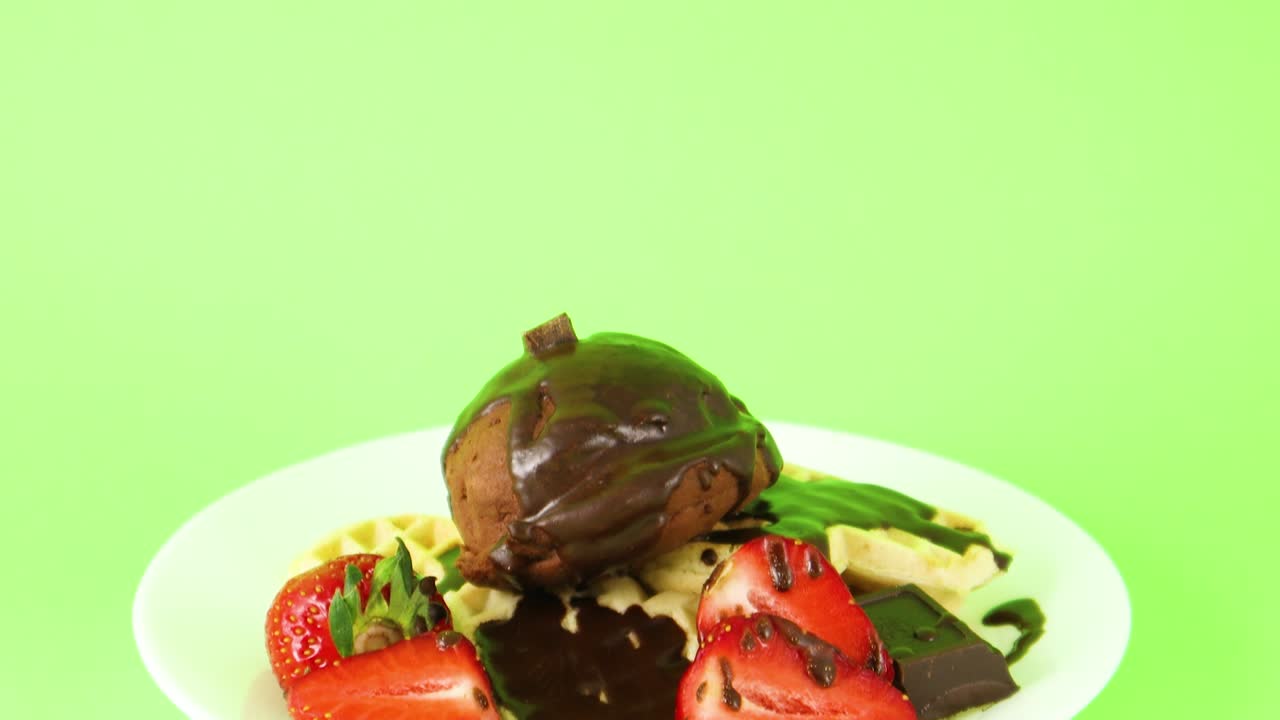 초록색 화면에 와플과 초콜릿 아이스크림의 한 공의 맛있는 사막