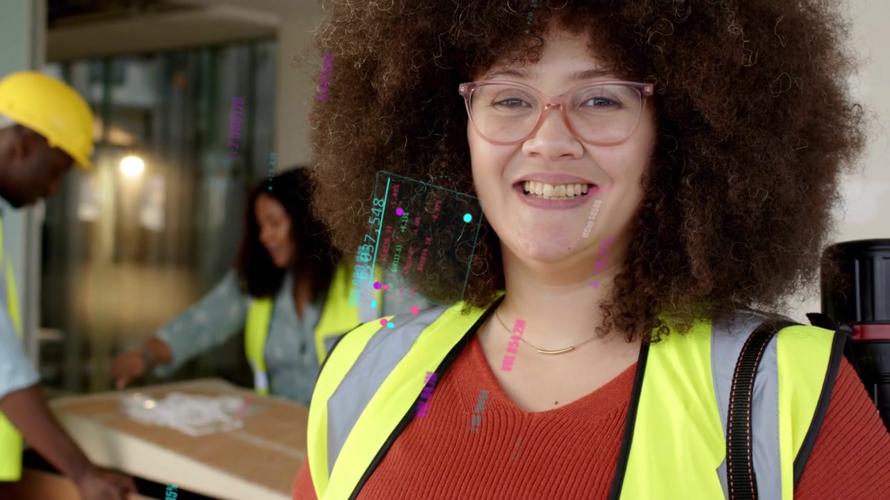 Tablet tech tapping screen updating AR while warehouse crew inspecting box camera closing smiling