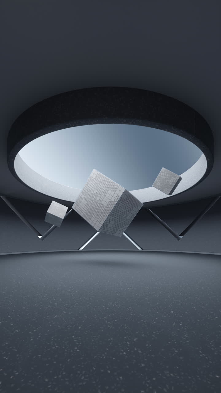 cubos en una habitación redonda, renderización en 3d.