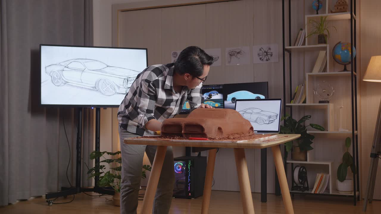 hombre asiático diseñador de automóviles mirando una computadora portátil y usando rastrillo o alambre para suavizar la superficie y crear detalles en la escultura de arcilla de automóvil en el estudio