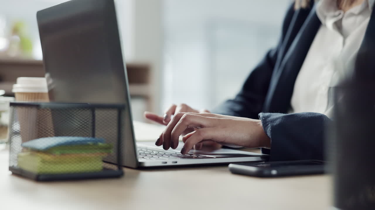 Hands, person and ux typing on laptop with email