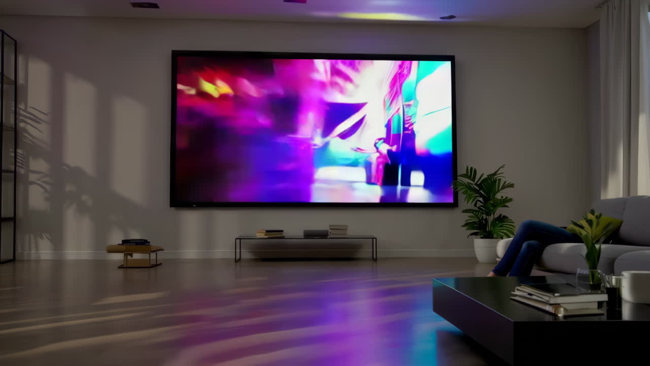 A person watches various vibrant and abstract content on a large television in a modern living room