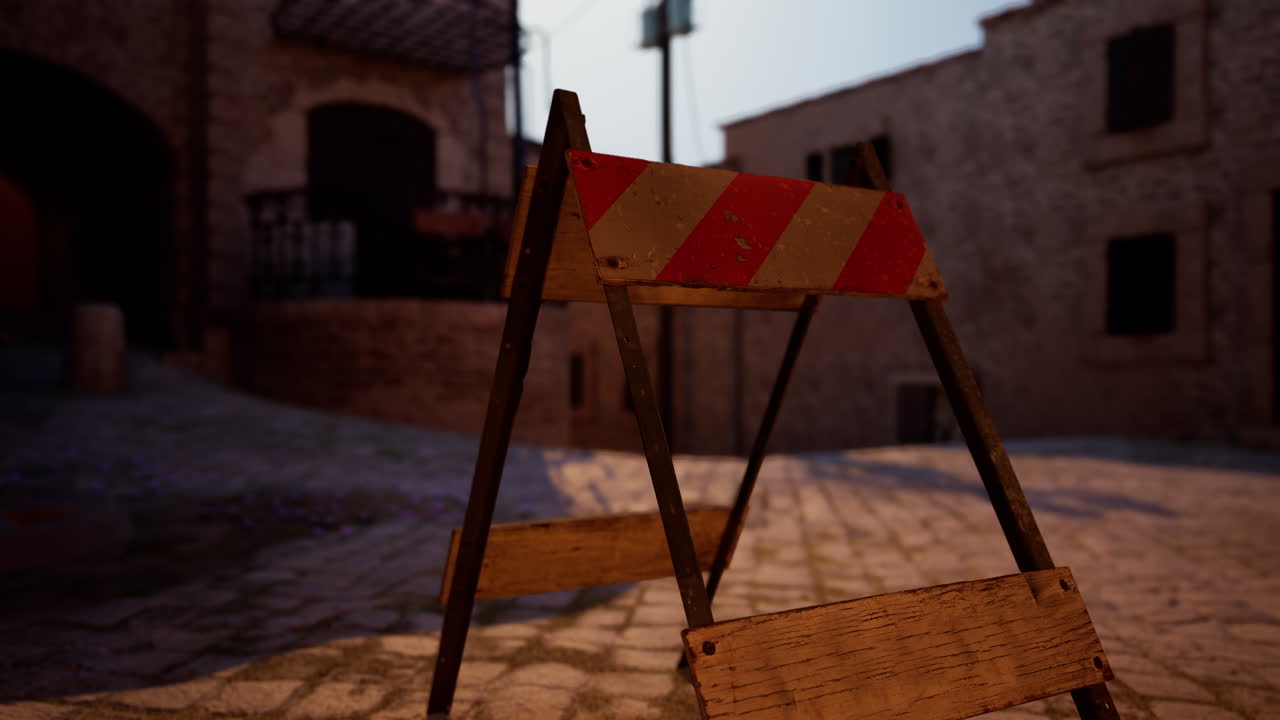 una barricada de construcción de rayas rojas y blancas frente a un edificio de piedra