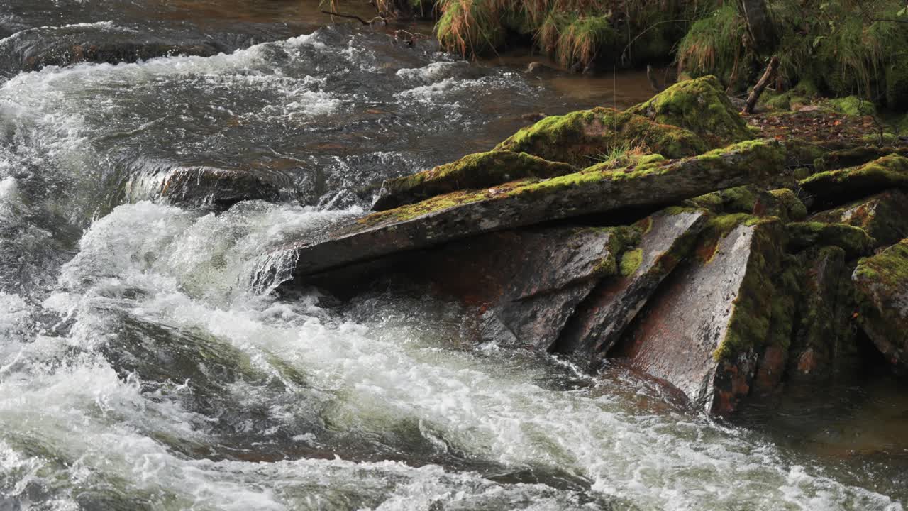 A wild river cascades over dark rocks within a narrow riverbed