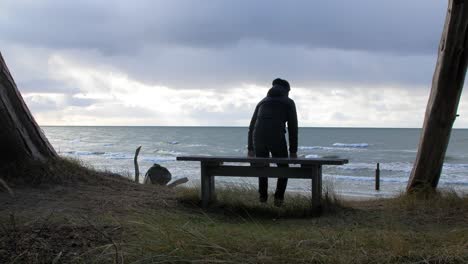 Back-view-of-caucasian-male-exploring-nordic-seaside-forest,-man-walking-alone-in-the-coastal-pine-forest,-sits-on-gray-wooden-bench,-beach,-sunny-day-with-clouds,-healthy-activity-concept,-wide-shot