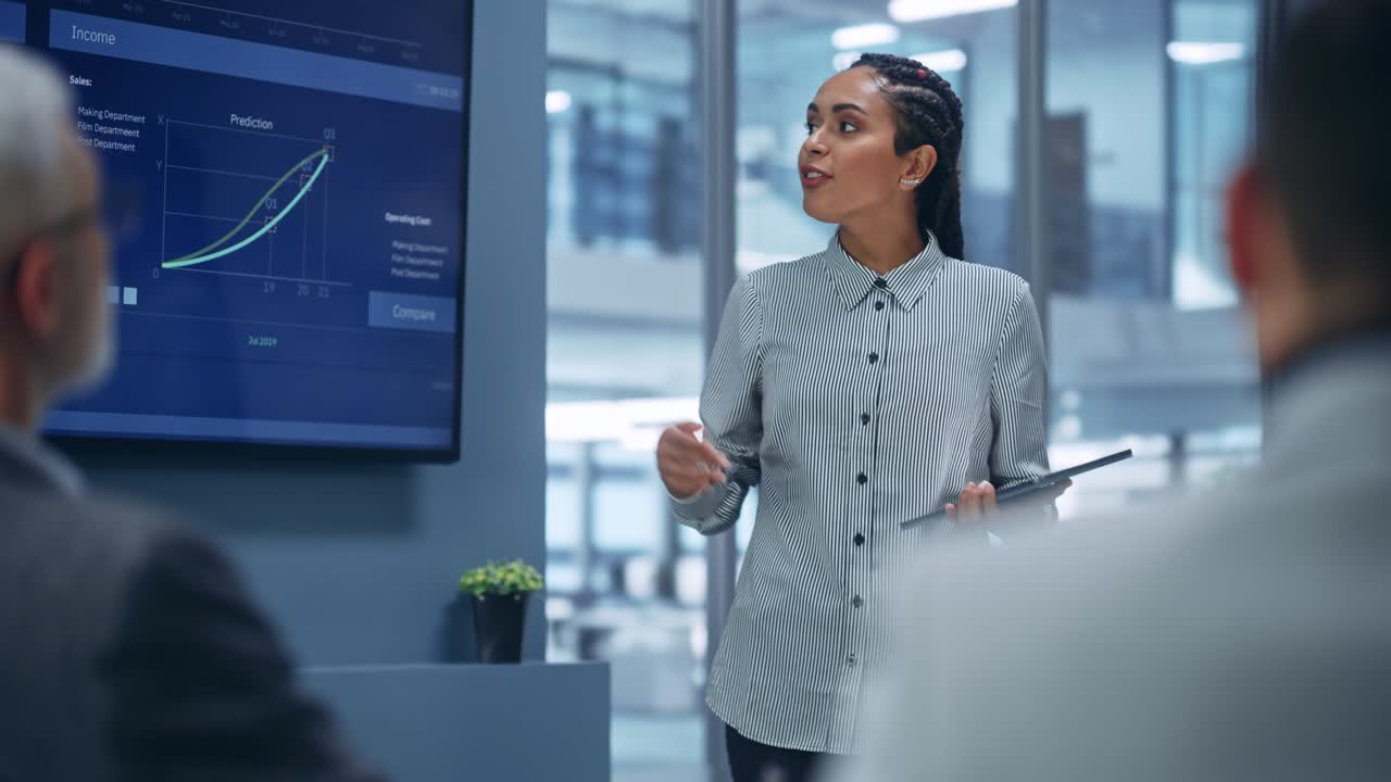 Diverse Office Product Presentation: Successful Black Female Digital Entrepreneur Uses TV Screen with Big Data, Statistics, Talks about Company Growth, Discusses Strategy with Investors, Managers