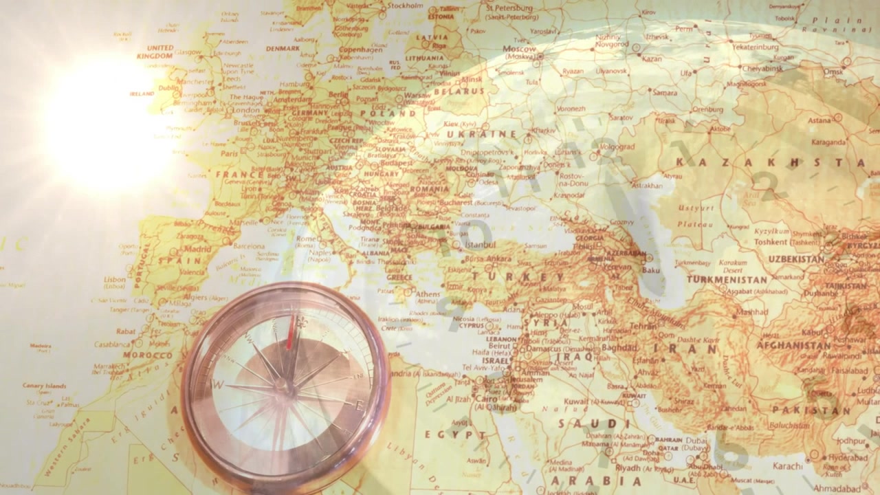 Sun flare sweeping over sepia map causing brass compass emerging, needle twitching countdown fading