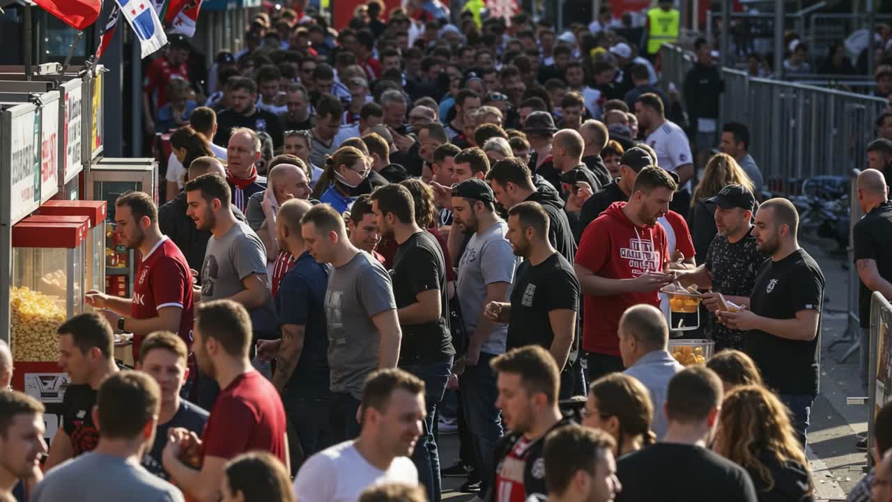 A bustling crowd gathers at a busy food stand, showcasing the vibrant atmosphere and excitement surrounding an outdoor event filled with diverse individuals enjoying tasty snacks
