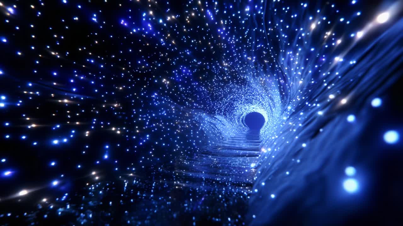 A mesmerizing view through a cosmic tunnel of swirling blue lights and sparkling stars, revealing an enchanting passage that beckons exploration and ignites the imagination in a stunning visual journey