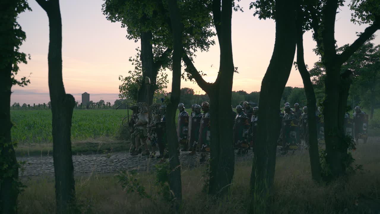 Roman Soldiers Marching in a Historical Reenactment