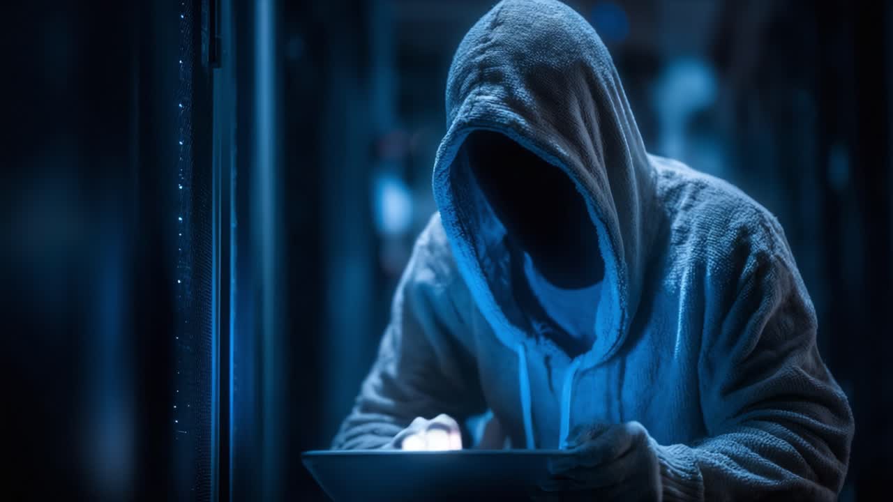 A mysterious figure in a hooded sweatshirt engages with a glowing tablet in a dimly lit environment, embodying the essence of cyber intrigue and secrecy