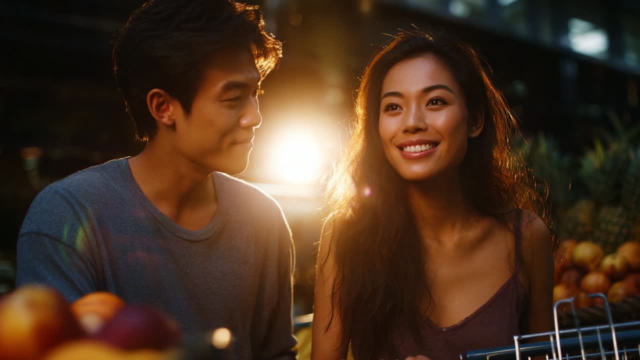 A Joyful Moment Captured: A Couple Enjoying Each Other's Company While Surrounded by Fresh Fruits in a Vibrant Marketplace Setting with Warm Sunset Glow Enhancing Their Smiles and Connection