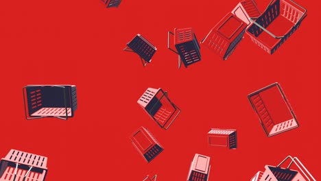 red plastic shopping baskets on red background.