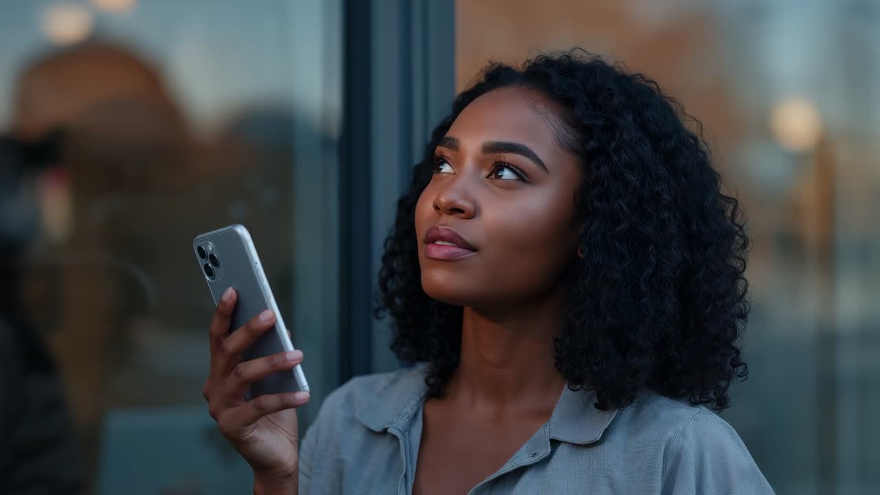 Mulher usando smartphone para ativar o assistente e aguardando resposta perto da janela de um prédio, vestindo uma camisa cinza