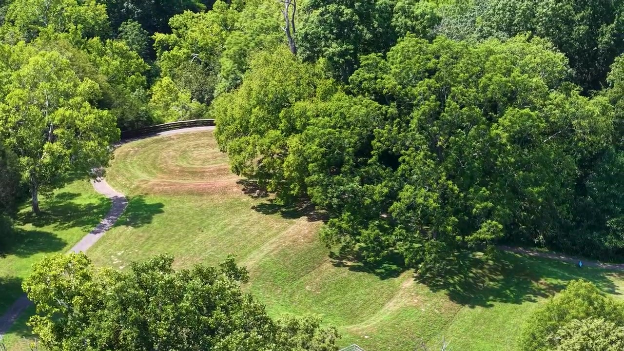 Vista aérea de una colina cubierta de hierba con árboles en un entorno de parque.
