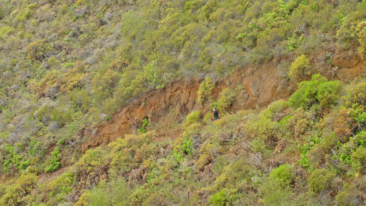 mujer solitaria caminando en la montaña de tenerife vestida de negro, vista de distancia