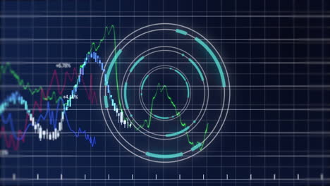 animación de escáner redondo y procesamiento de datos financieros a través de la red de red contra un fondo azul.