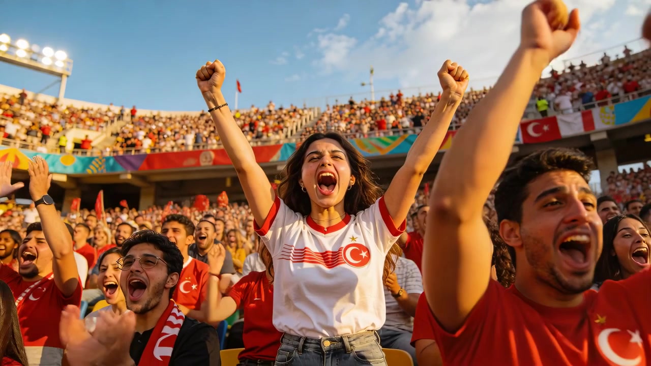 Aficionada animando con camiseta del equipo, levantando los brazos, gritando en el estadio después de un gol, agitando banderas.