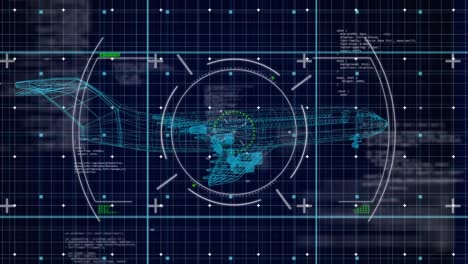 Animation-of-financial-data-processing-and-plane-on-blue-background