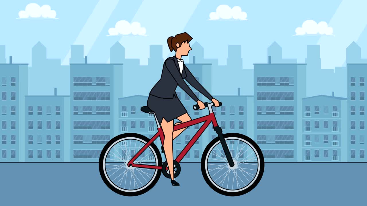 빨간색 자전거 애니메이션을 타고 있는 평평한 만화 사업가 캐릭터 사이클리스트