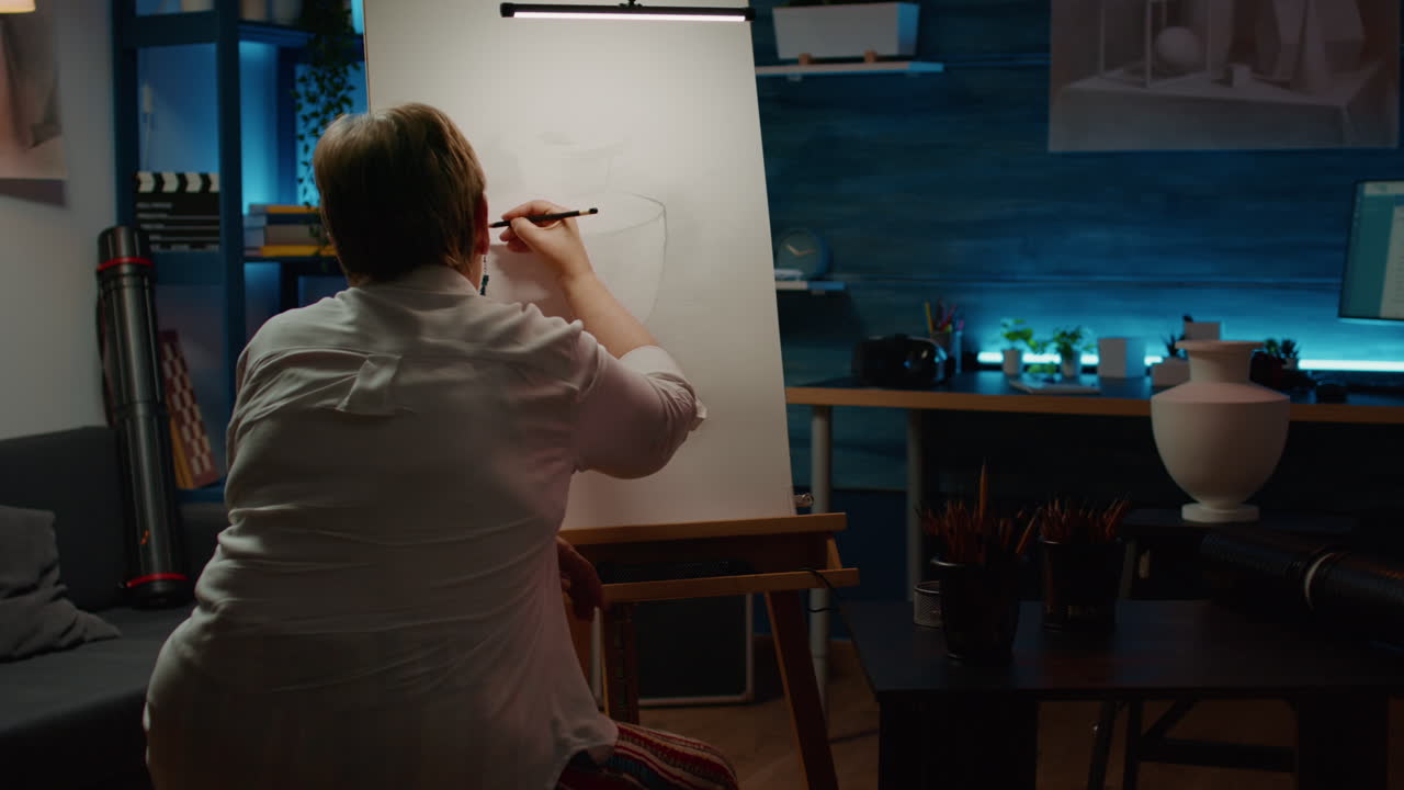 Old person drawing inspiration model with pencils on canvas