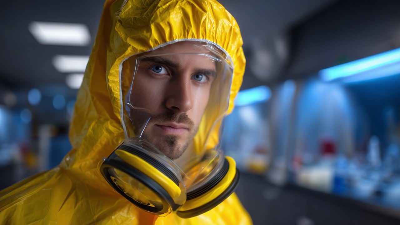 Um profissional sério vestindo uma máscara e uma roupa de proteção amarela encara atentamente, demonstrando compromisso com a segurança em um ambiente de laboratório científico