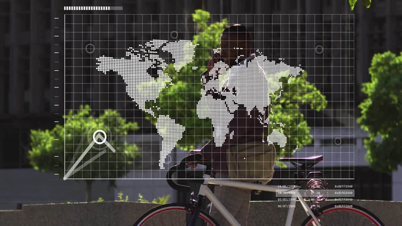 Man guiding white bike in plaza as business HUD appearing, overlaying and animating map and graph